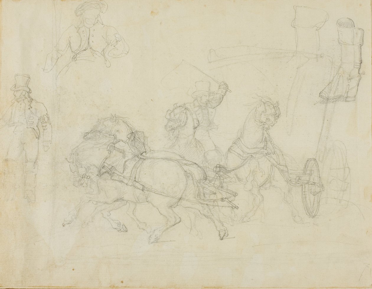 Diligence trukket af fem heste og andre skitser af Jean Louis André Théodore Géricault