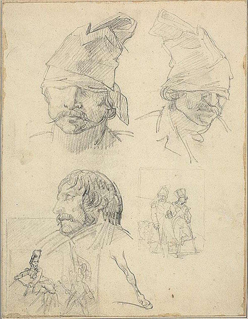 Studier af hoveder og to kompositoriske studier af Jean Louis André Théodore Géricault