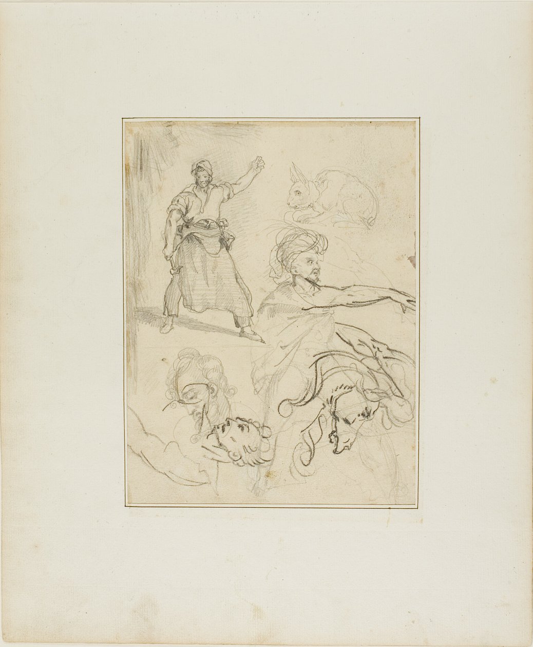 Studier af en smed og et hestehoved med skitser af andre figurer og en kanin af Jean Louis André Théodore Géricault