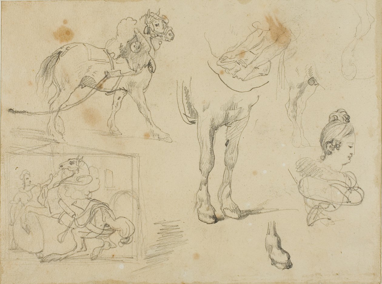 Studier af en trækhest, en smed og en ung kvinde af Jean Louis André Théodore Géricault
