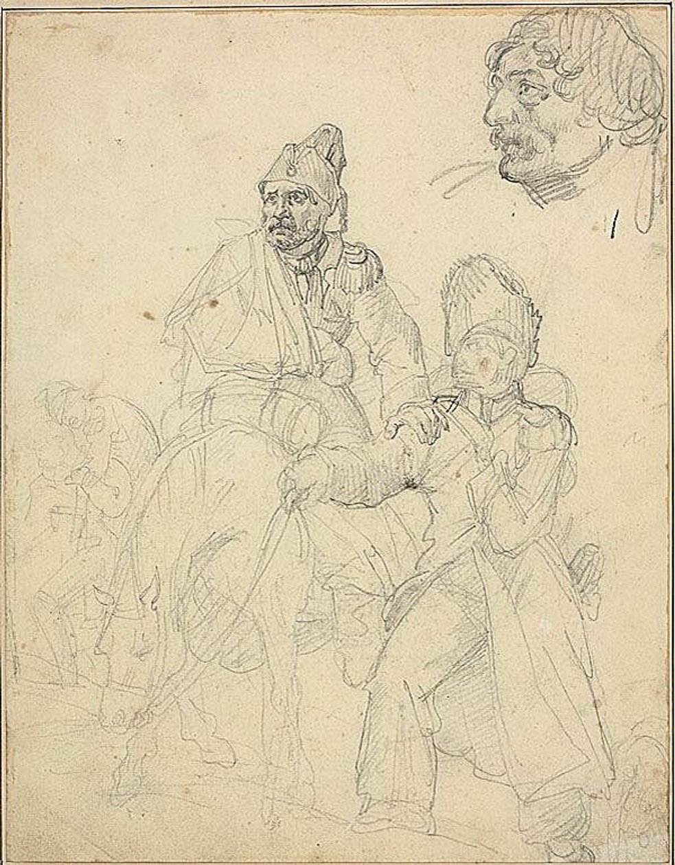 Studie af figurgruppe med detalje af grenaderens hoved af Jean Louis André Théodore Géricault