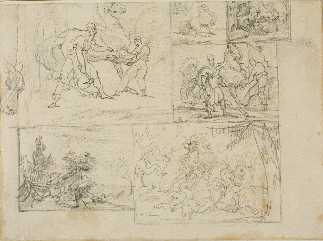 Tre studier med skitser af et skovlandskab og et kavalerislag af Jean Louis André Théodore Géricault