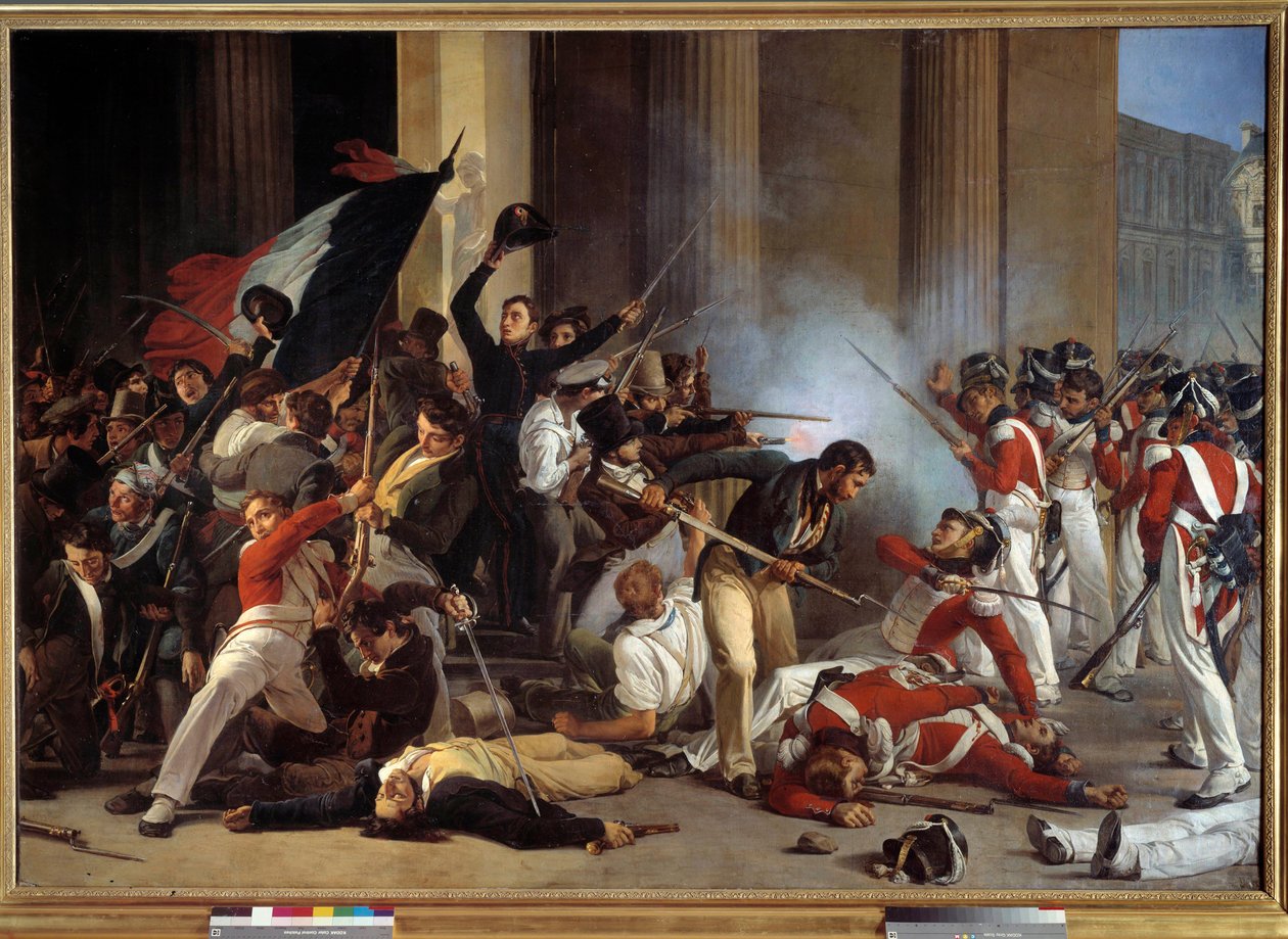Revolution af 1830: "" Under de tre glorieuses, prize du louvre le 29/07/1830 et massacre des guards swiss"" Maleri af Jean Louis Bezard (1799-après 1861) 1830 Søn. 1,76 x 2,45 m Paris, musee Carnavalet - Revolution af 1830: "" Tager af Louvre a af Jean Louis Bezard
