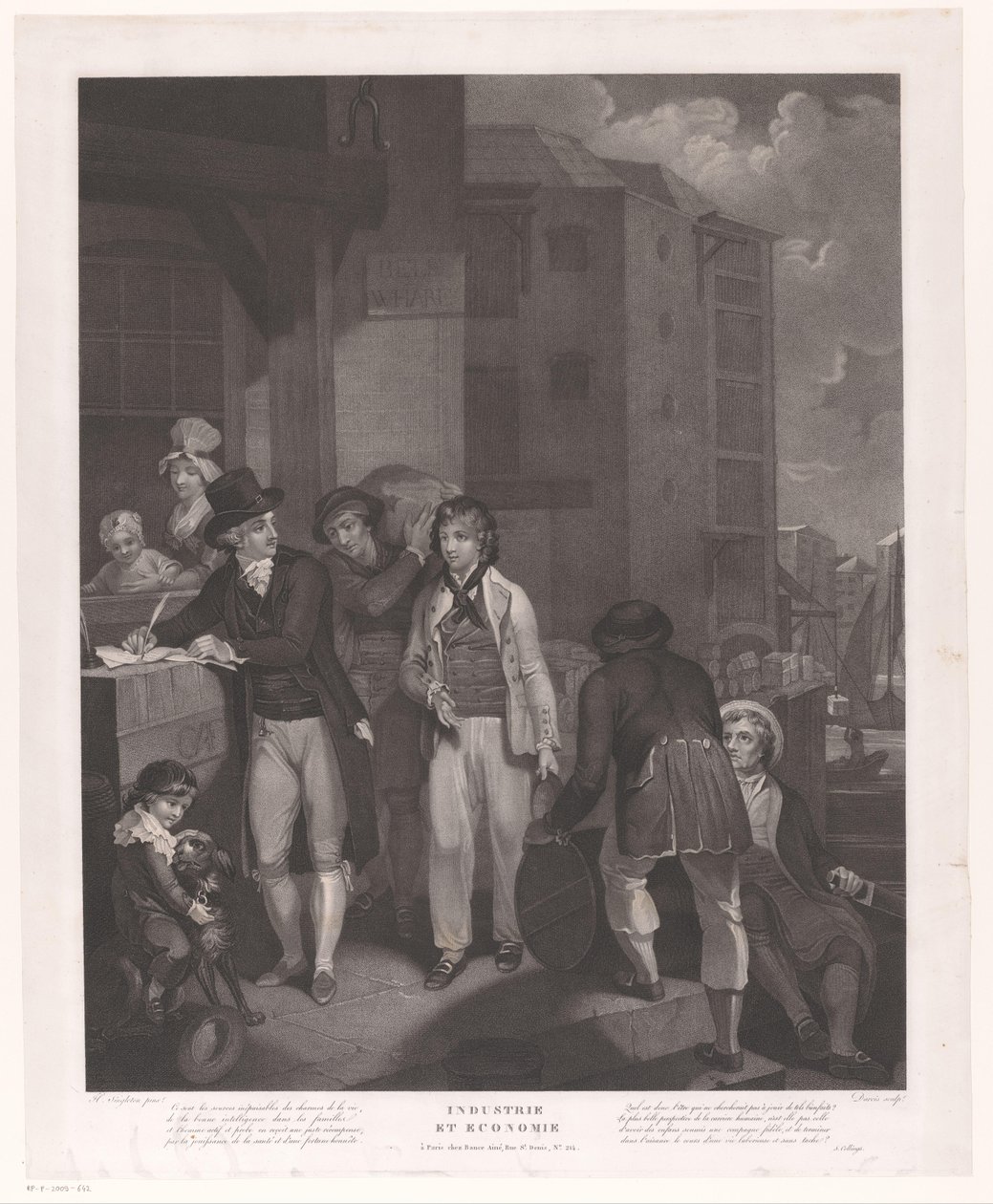 Gruppe af figurer foran et pakhus i en havn Industri og økonomi (titel på objekt) af Jean Louis Darcis