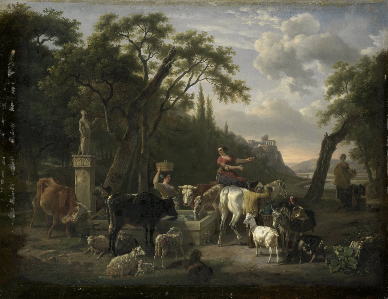 Italiensk landskab med hyrder og dyr ved et springvand af Jean Louis Demarne