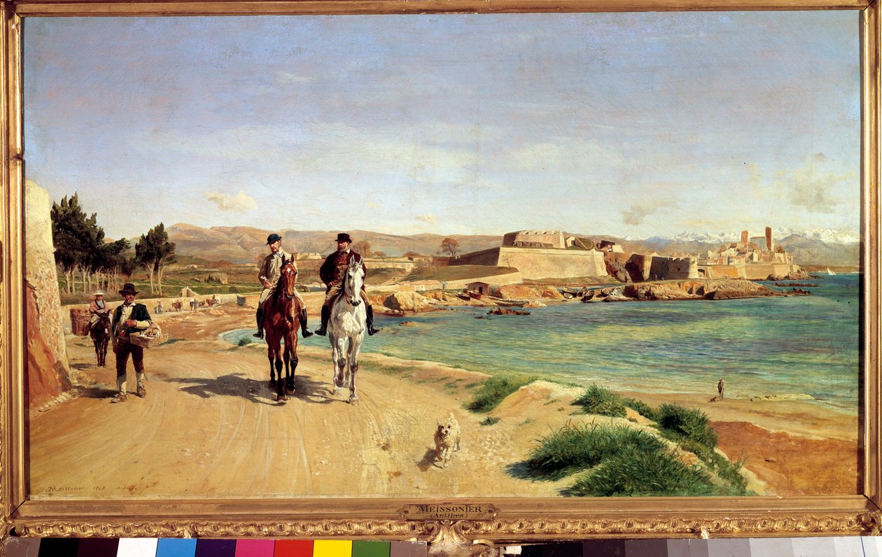Antibes, rideturen. Kunstneren og hans søn Charles (1848-1917), maler. Maleri af Ernest Meissonier (1815-1891) af Jean Louis Ernest Meissonier