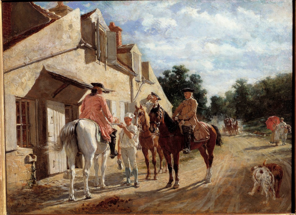 Au Tourne-bride, også kendt som Tournebride og Boys of Saint-Germain Ryttere tager en pause i en stafet i skoven Saint Germain og Laye. Maleri af Jean-Louis-Ernest Meissonier (1815-1891) 1860. Søn 0,17x0,23 m Paris, Musée d