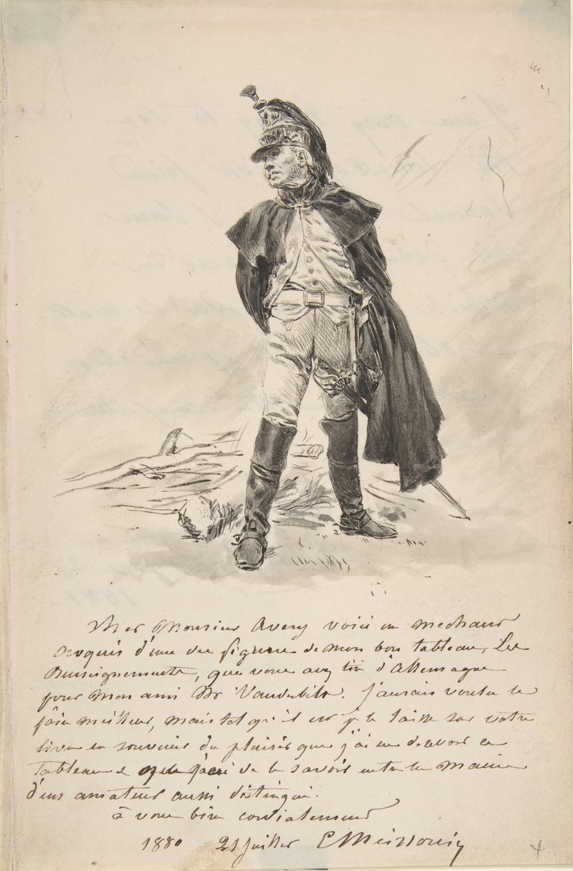 Brev til Samuel P. Avery med en tegning af en militærfigur, 1880. af Jean Louis Ernest Meissonier