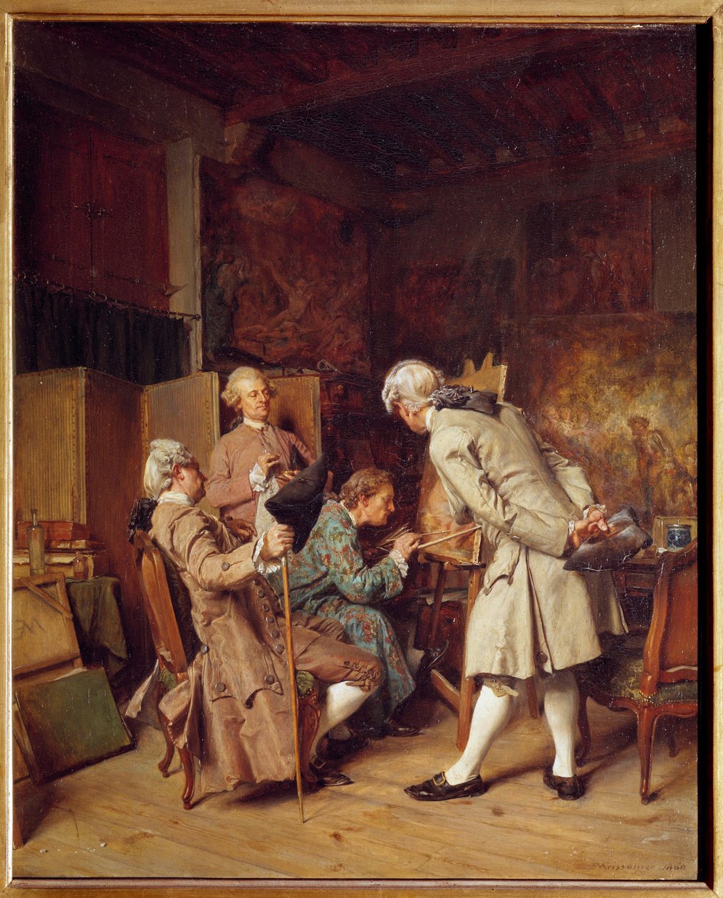 Malerielskere (i smagen af det 18. århundrede), også kendt som Un peintre”” Maleri af Jean-Louis-Ernest Meissonier (1815-1891). 1860 søn. 0,35x0,28 m Paris, musee d