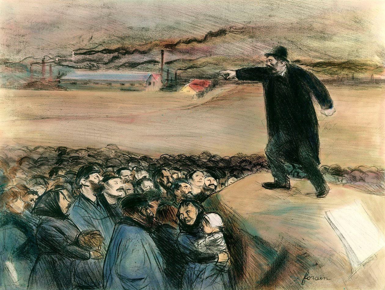 En agitator foran arbejderne En leder af arbejderbevægelsen, der i en tale hævder arbejdernes rettigheder. Jean-Louis Forain (1852-1931) 20. århundrede. Privat samling af Jean Louis Forain