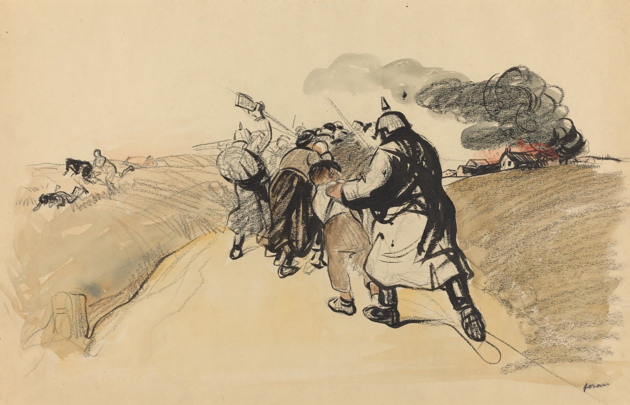 Tysk angreb på en landsby, ca. 19141919. af Jean Louis Forain