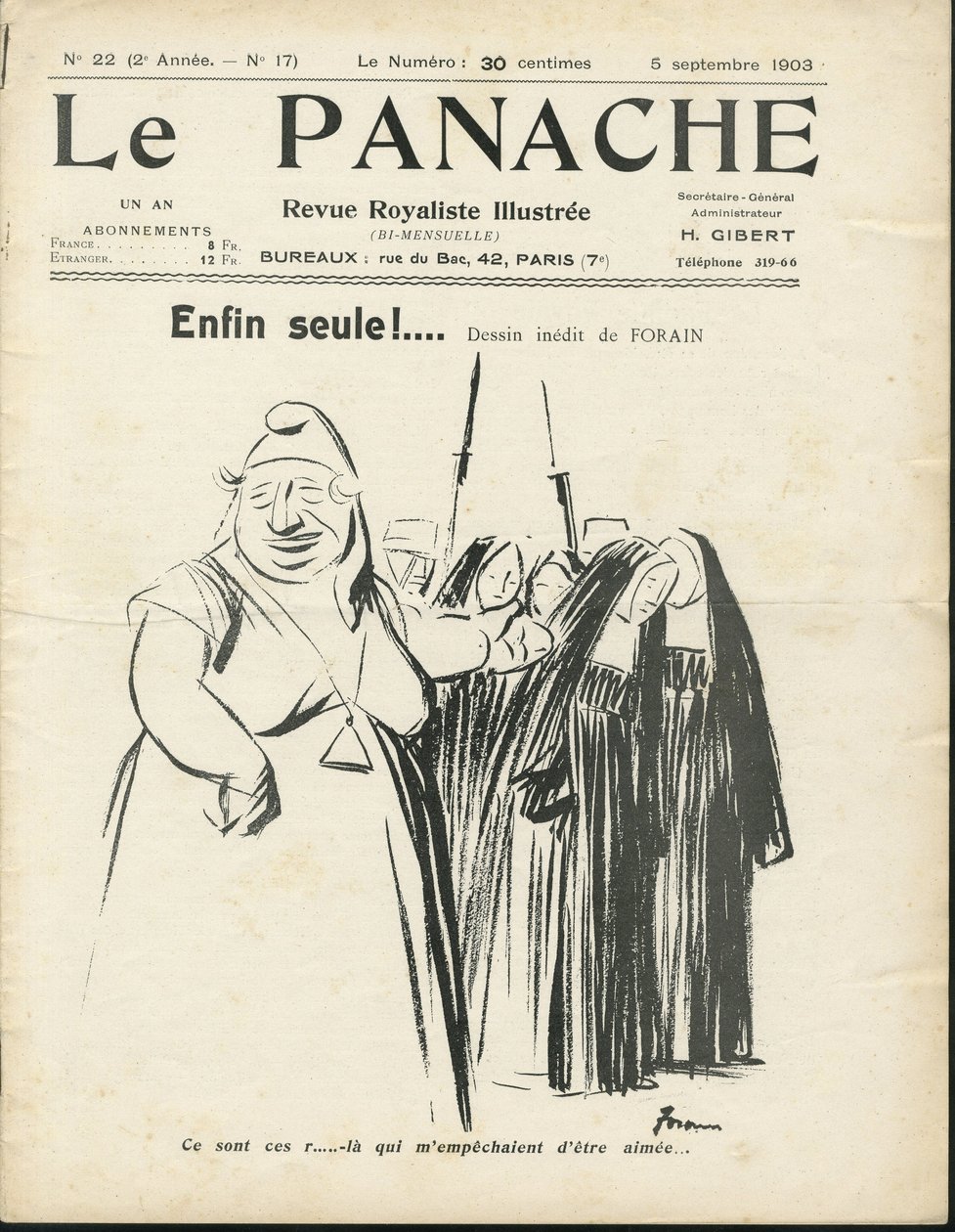 Illustration af Jean-Louis Forain (1852-1931) til forsiden af Le Panache, royalistisk magasin illustree, nr. 20 af Jean Louis Forain