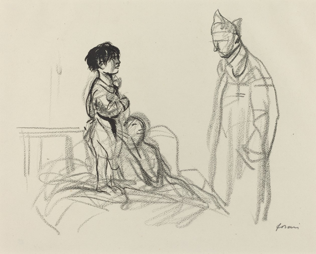 Mor og barn besøgt af soldat på hospitalet, ca. 19141919. af Jean Louis Forain