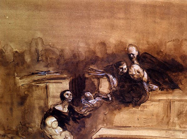 The Hopeless Lawsuit (pen & vask med hvid forhøjning på papir) af Jean Louis Forain