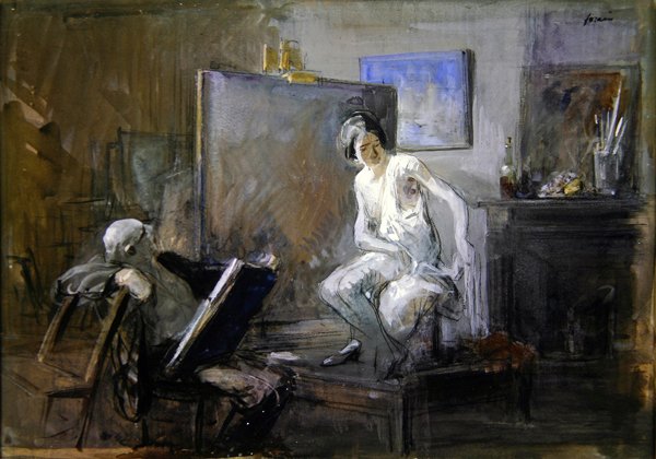 Maleren med sin model (kridt & gouache) af Jean Louis Forain