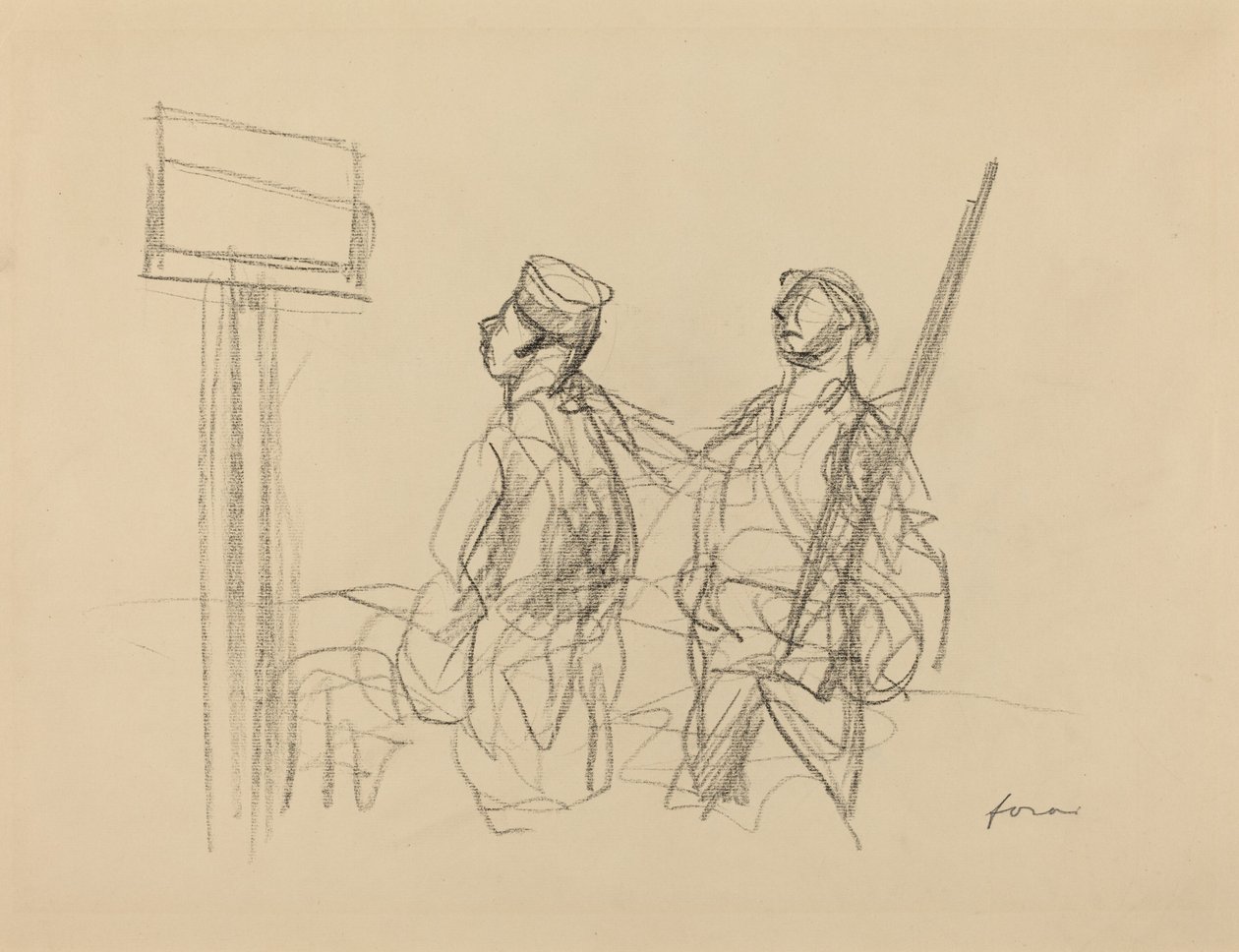 To soldater ser på et plakat, sandsynligvis 1918. af Jean Louis Forain