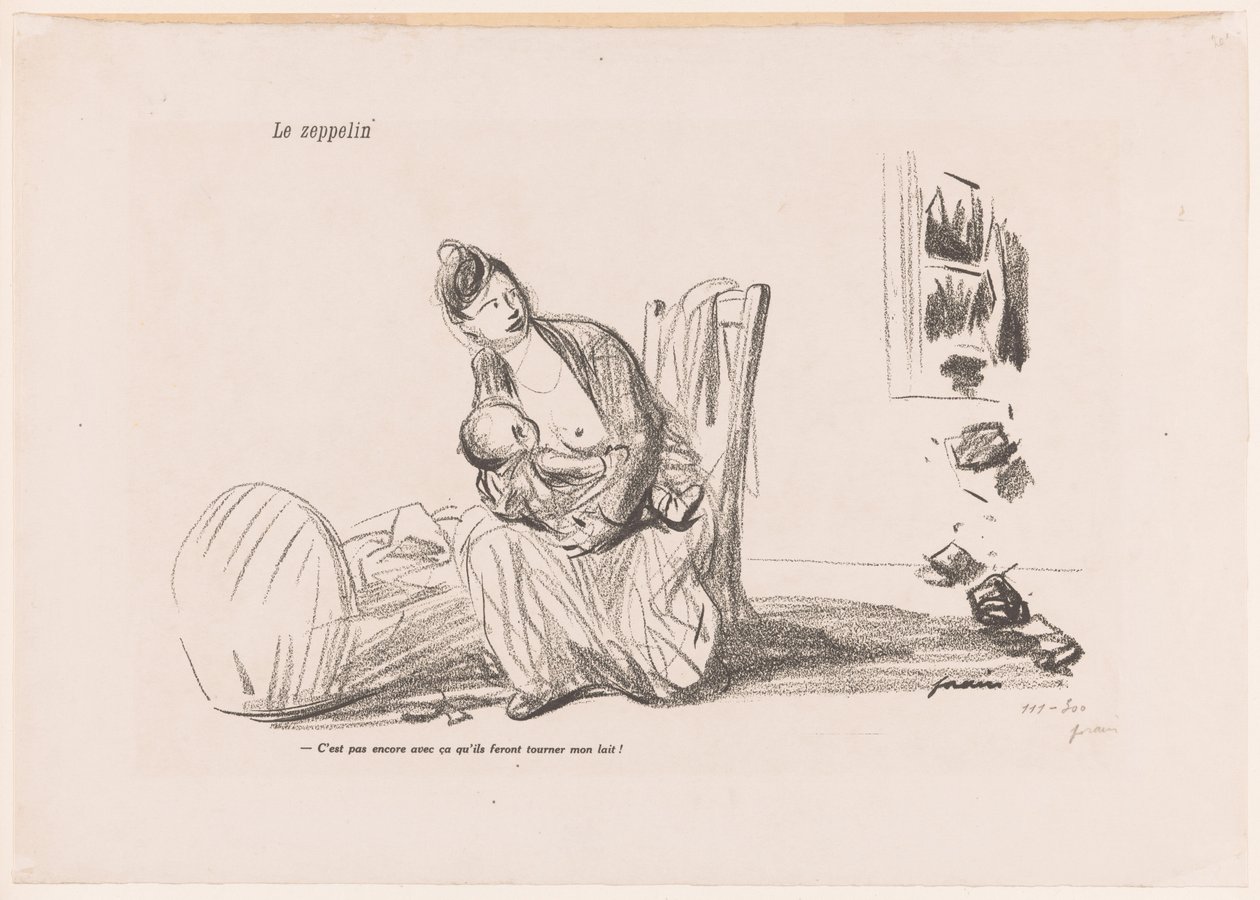 Kvinde ammer, mens ruderne er knust Le zeppelin (titel på objekt) af Jean Louis Forain