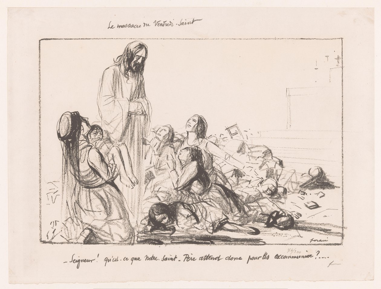 Kvinder i bombet kirke fordømmer Kristus Le massacre du Vendredi-Saint (titel på objektet) af Jean Louis Forain