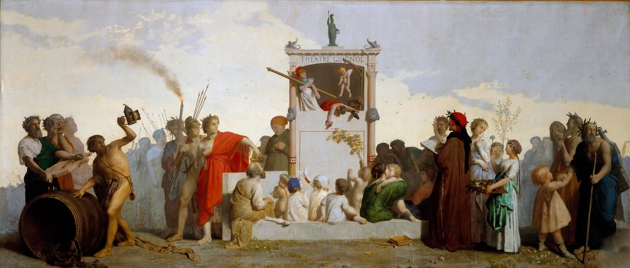 Dante Alighieri, Kynikeren Diogenes, Sokrates og Homer er blandt publikum. Maleri af Jean Louis Hamon (1821-1874) af Jean Louis Hamon