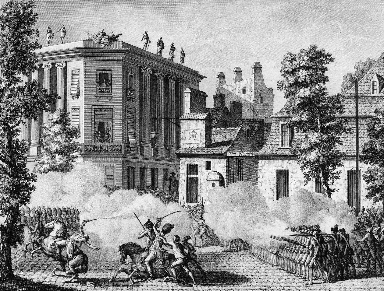 Fransk revolution: Aktion mellem den tyske kongelige og den franske garde foran det franske gardes depot den 12. juli af Jean Louis II (after) Prieur