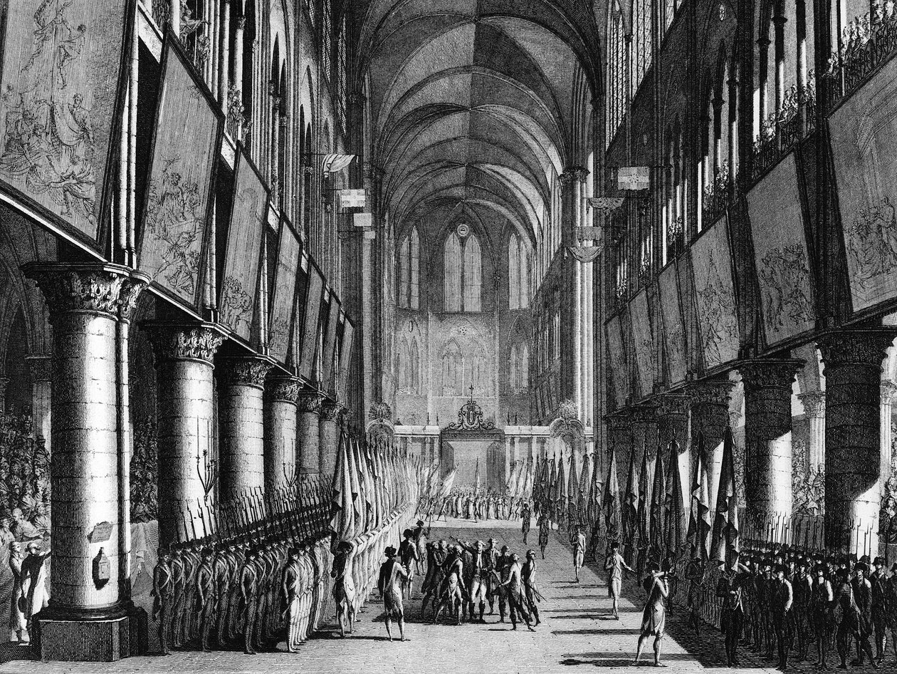 Den Franske Revolution: Velsignelse af Nationalgardens flag af Monsignor Juigne i Notre Dame-kirken den 27. september af Jean Louis II (after) Prieur