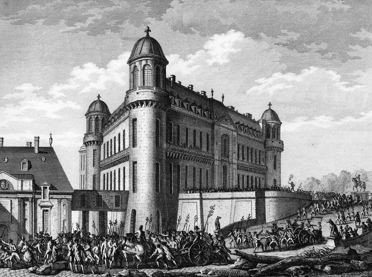 Fransk revolution: Canon bragt til Chateau de Chantilly i Paris den 9. august af Jean Louis II (after) Prieur