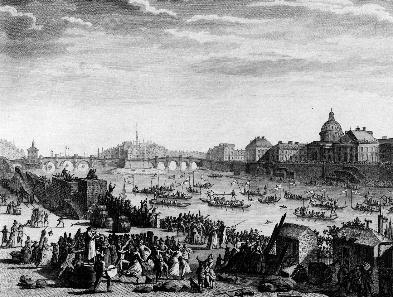 Den Franske Revolution: Fete udført til minde om forbundet: spil på Seinen i Paris den 18. juli af Jean Louis II (after) Prieur