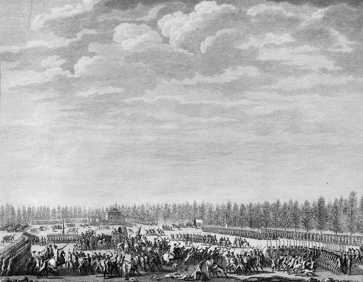 Fransk revolution: Gilbert du Motier, Marquis de la Fayette (1757-1834) fik to hundrede soldater afvæbnet på grund af indisciplin på Champs Elysees i Paris den 12. januar 1790. Indgravering af Berthaut efter Prior. Paris, biblioteket ved Institut for Histo af Jean Louis II (after) Prieur