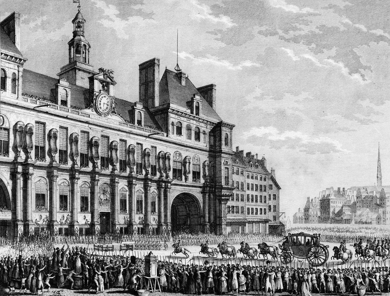 Franske revolution: Kong Ludvig XVI (1754-1793) ankommer til rådhuset i Parsi den 17. juli af Jean Louis II (after) Prieur