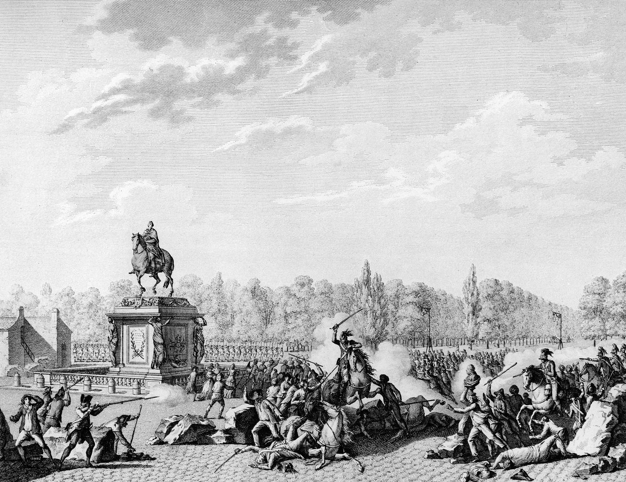 Den Franske Revolution: Place Louis XV, Charles Eugene de Lorraines drager, Prins af Lambesc (1754-1825) lastede en kortege, der bar busterne af Jacques Necker (1732-1804) og hertugen af Orleans den 12. juli 1789. Gravering af Berthaut efter Prior. Paris, af Jean Louis II (after) Prieur