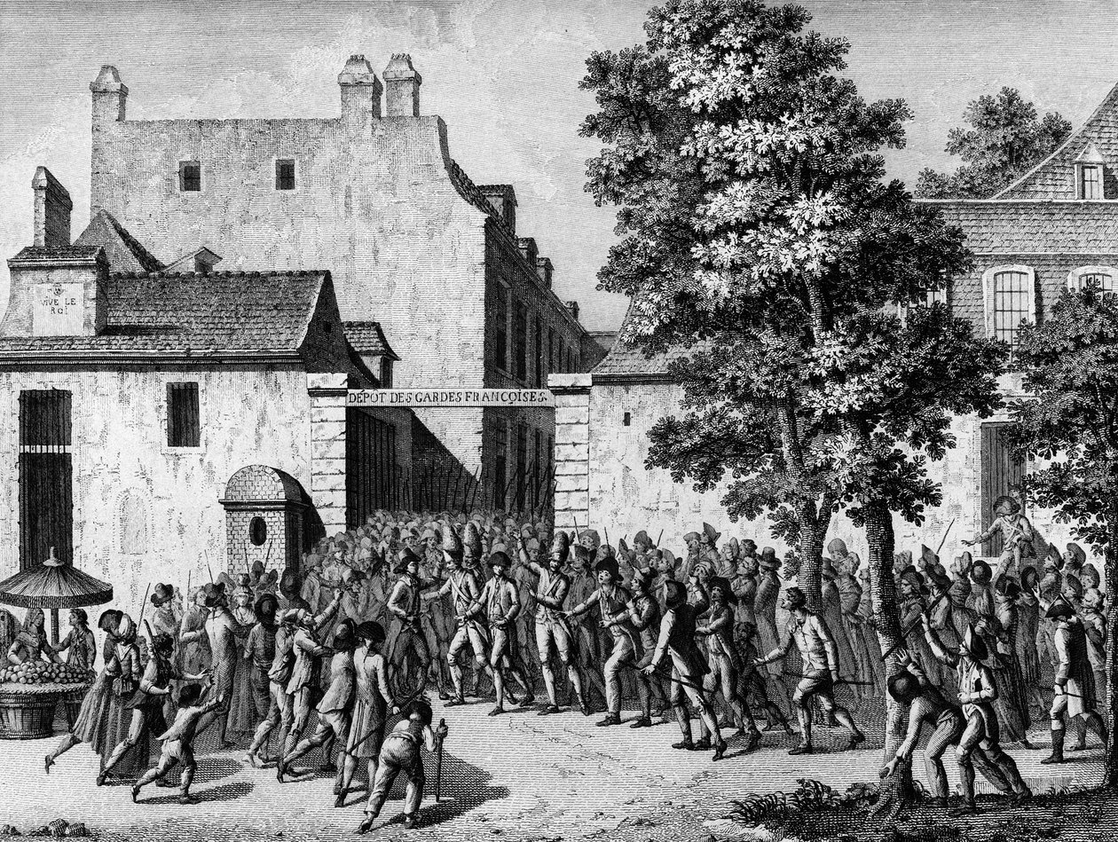 Franske revolution: De franske garder redder Monsieur du Chatelet, deres oberst, fra den folkelige begejstring den 12. juli af Jean Louis II (after) Prieur