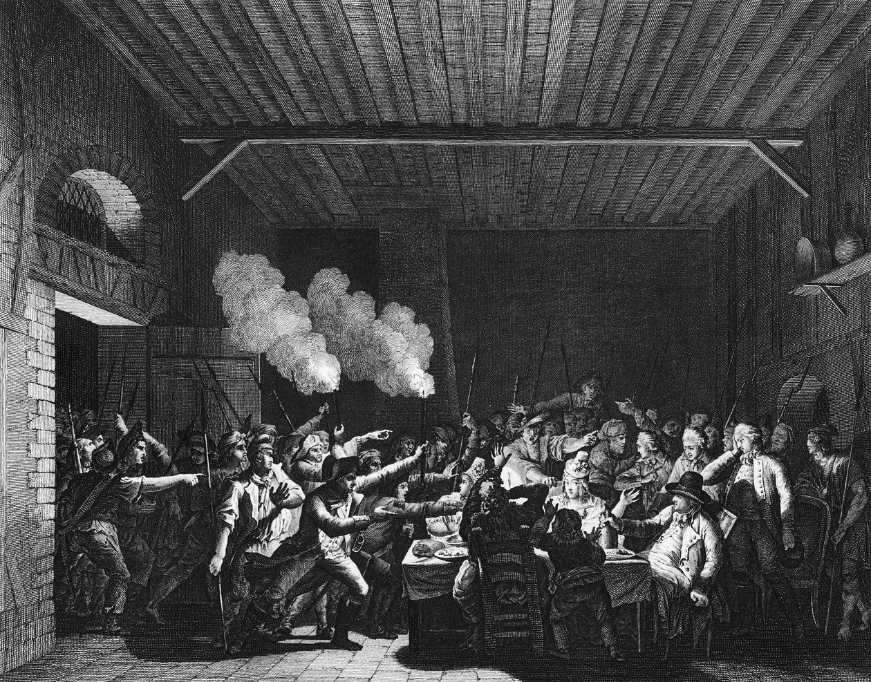 Franske revolution: Patrioterne fra Varennes går ind i Grocer Sauce og anerkender kong Louis XVI (1754-1793) på flugt af Jean Louis II (after) Prieur