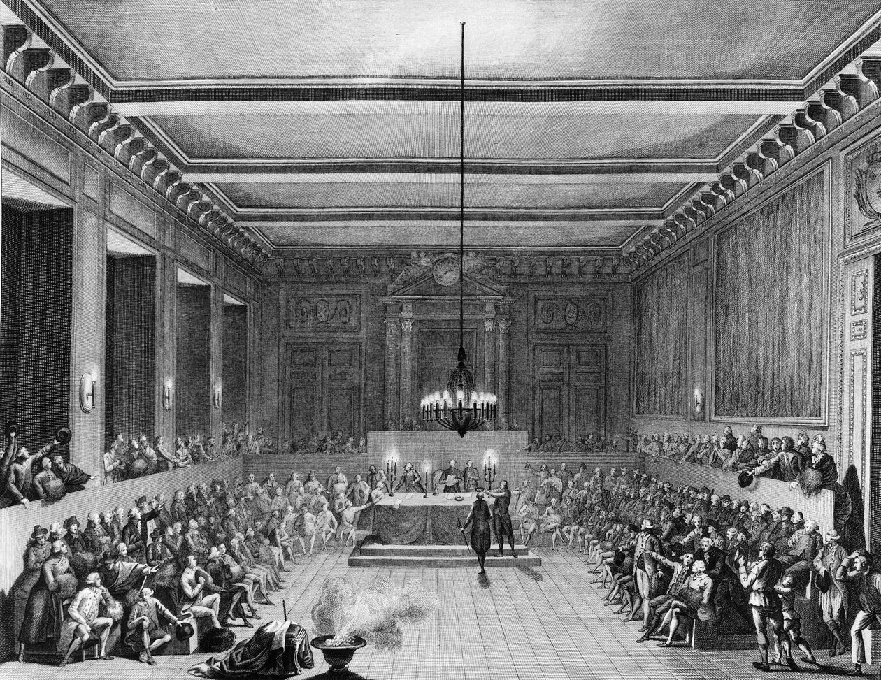 Fransk revolution: Kommunen i Paris afviste en engelsk statsborger Christopher John Williams Nesham (1771-1853) den 15. januar 1790. Gravering af Berthaut d