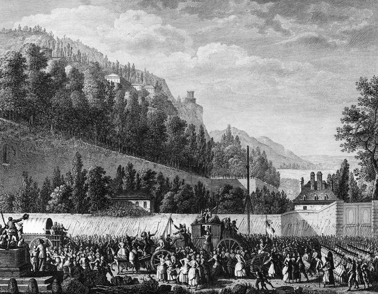 Franske revolution: Damerne i Halle tager til Versailles for kongen den 5. oktober af Jean Louis II (after) Prieur