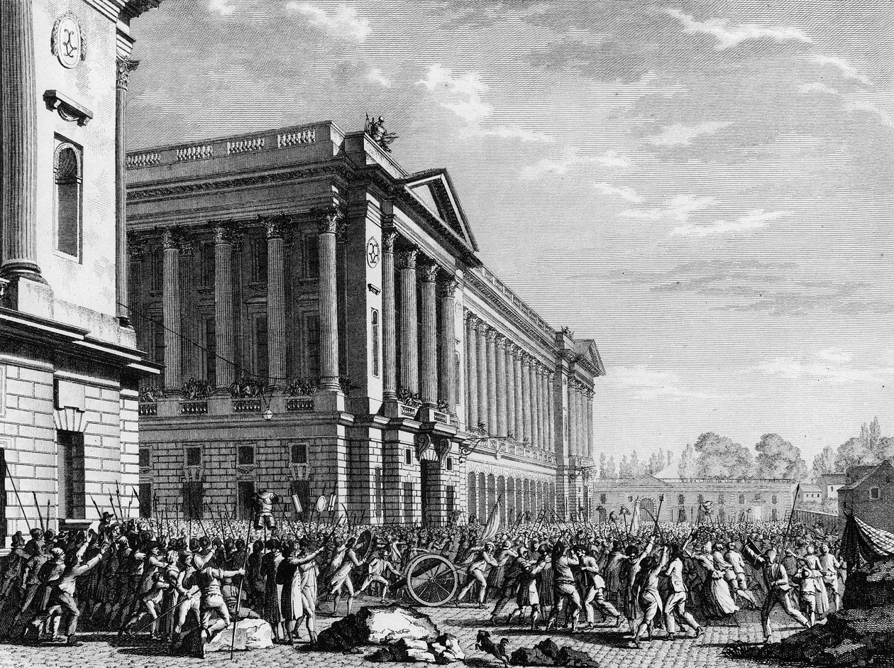 Franske revolution: Plyndringen af våben ved møbelvagten (eller møbelopbevaringen nu hotel de la Marine) den 13. juli 1789, Place de la Concorde, Paris: folkemængden, der var bekymret over omringningen af hovedstaden af udenlandske regimenter, beslaglagde  af Jean Louis II (after) Prieur