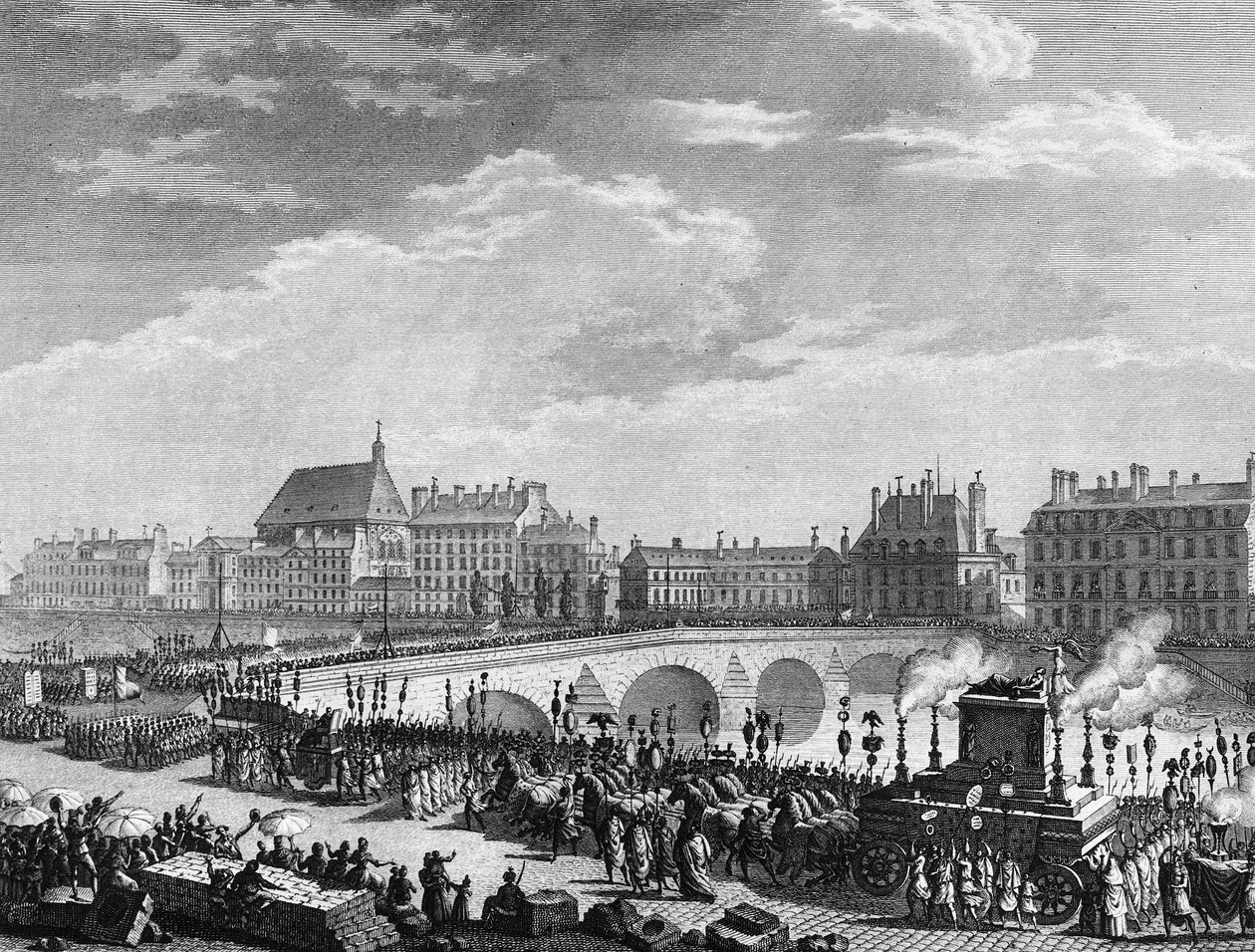 Fransk revolution: Triumf for Francois Marie Arouet dit Voltaire (1694-1778) den 11. juli 1791 (funebre-tanken med resterne af Voltaire har sin passage på Kongebroen). Stik af Berthaut efter Prior. Paris, Bibliotek for Institut for Historie af Jean Louis II (after) Prieur