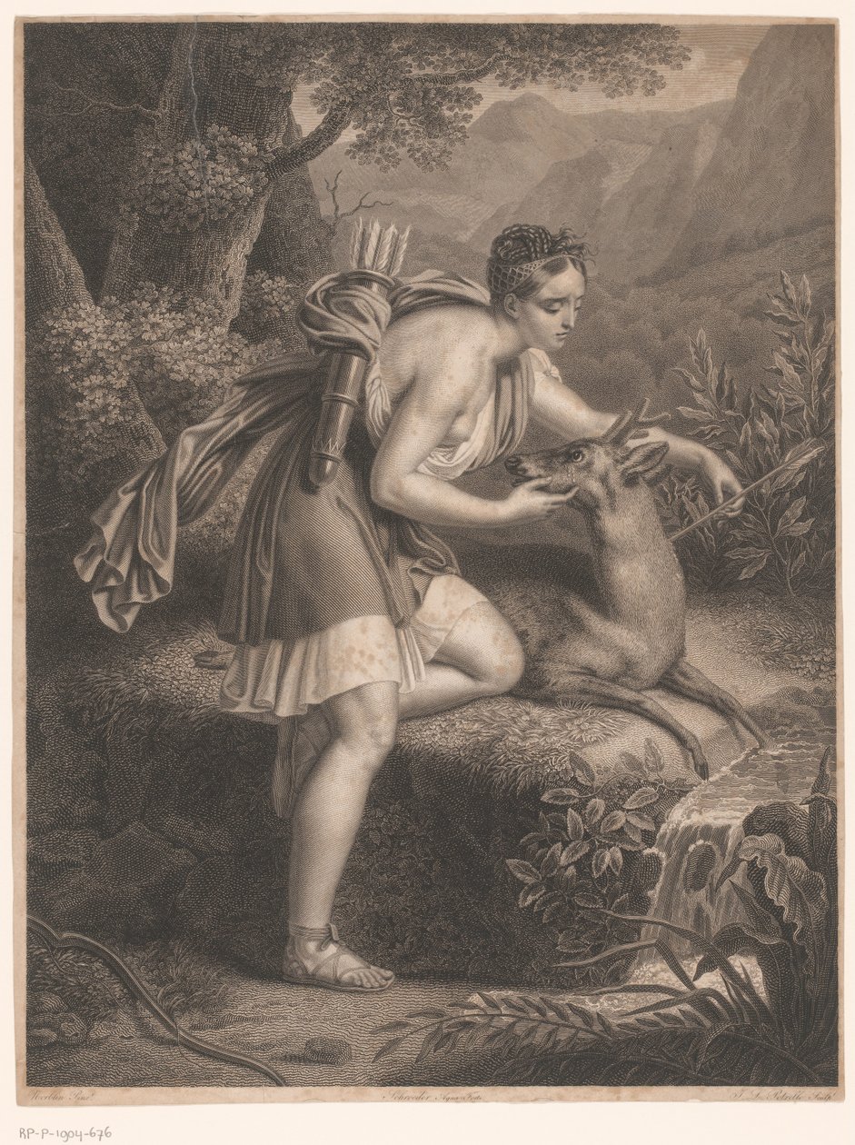Dianas nymfe tager en pil fra halsen på en hjort La Nymphe de Diane (titel på objekt) af Jean Louis Potrelle