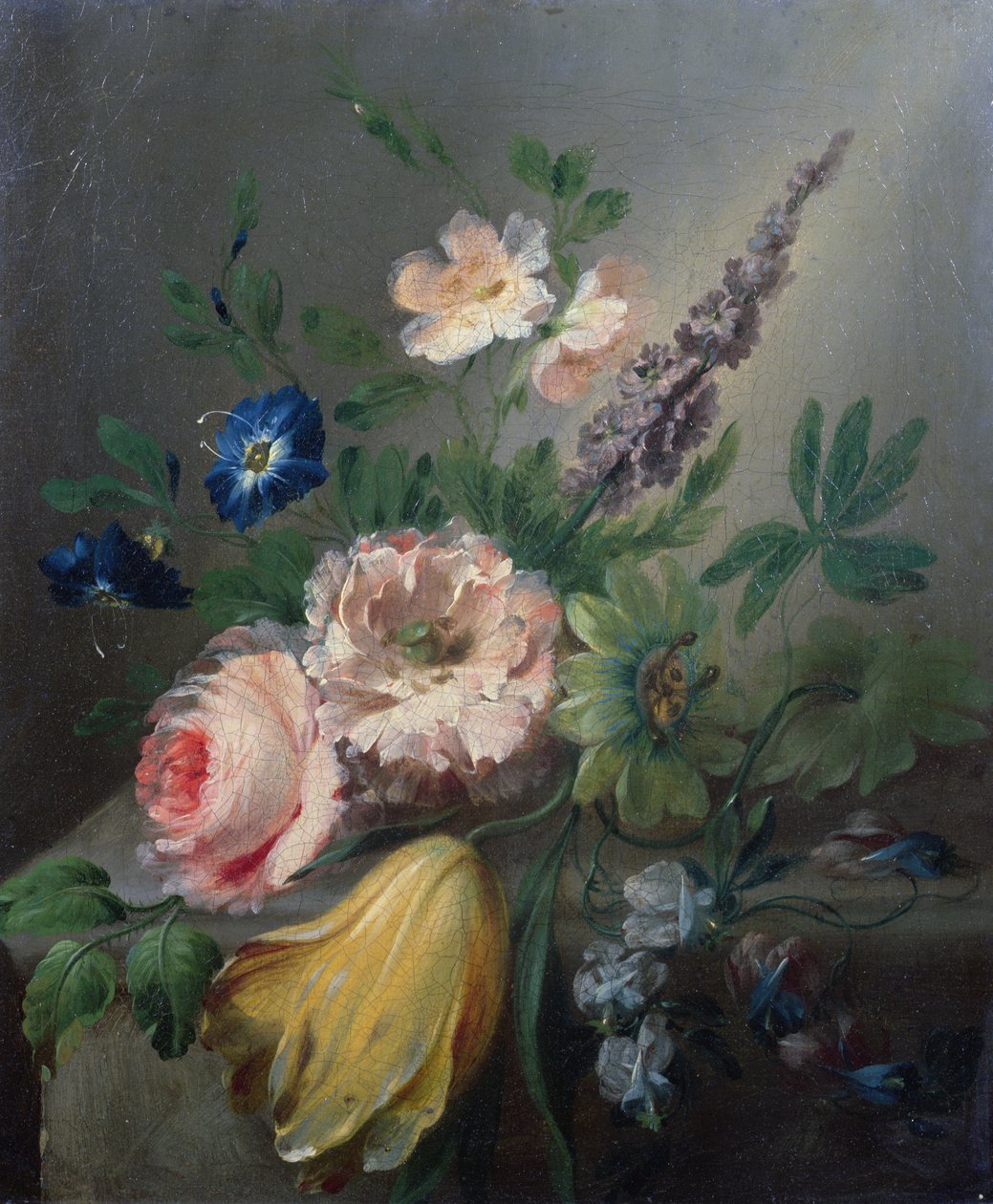 Stilleben med roser, passionsblomster, en tulipan og andre blomster på en stenkant af Jean Louis Prevost
