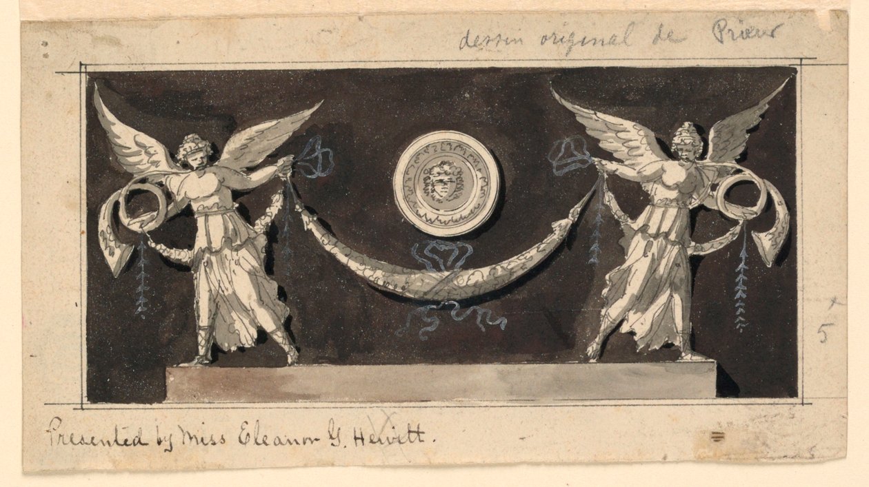 Dekorativt panel: berømmelse, der understøtter en swag under en medaljon af Jean Louis Prieur the Younger