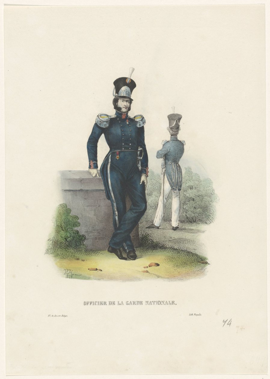 Officer af Nationalgarden, 1828 Nationalgardeofficer (titel på objekt) Belgiske kostumer: antikke og moderne, militær, civil og religiøs, 1830 (serietitel) af Jean Louis Van Hemelryck