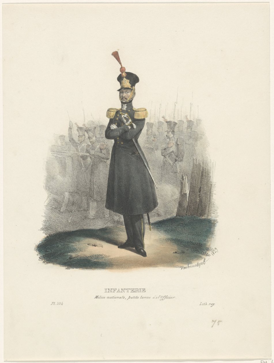 Officer for den nationale militær, 1829 Infanteri/national milits, officers afklædning (titel på objekt) Belgiske kostumer: antikke og moderne, militær, civil og religiøs, 1830 (serietitel) af Jean Louis Van Hemelryck