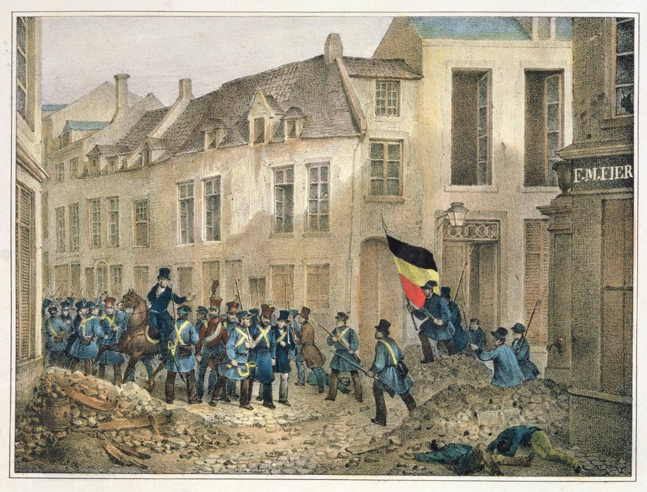 Rue de Louvain, Bruxelles, 23. september 1830, indgraveret af A.M. Jobard (fl.1820-30) af Jean Louis Van Hemelryck