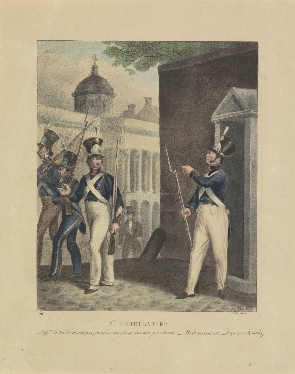 Anden retssag, 1828 2. Trængsel. Jeff! si tu ne viens pas prendre ma place, demain je te chasse - Mais monsieur - Il n y a pas de mais (titel på objekt) Tegnefilm om misforholdet inden for de belgiske skytter, 1828 (serietitel) af Jean Louis Van Hemelryck
