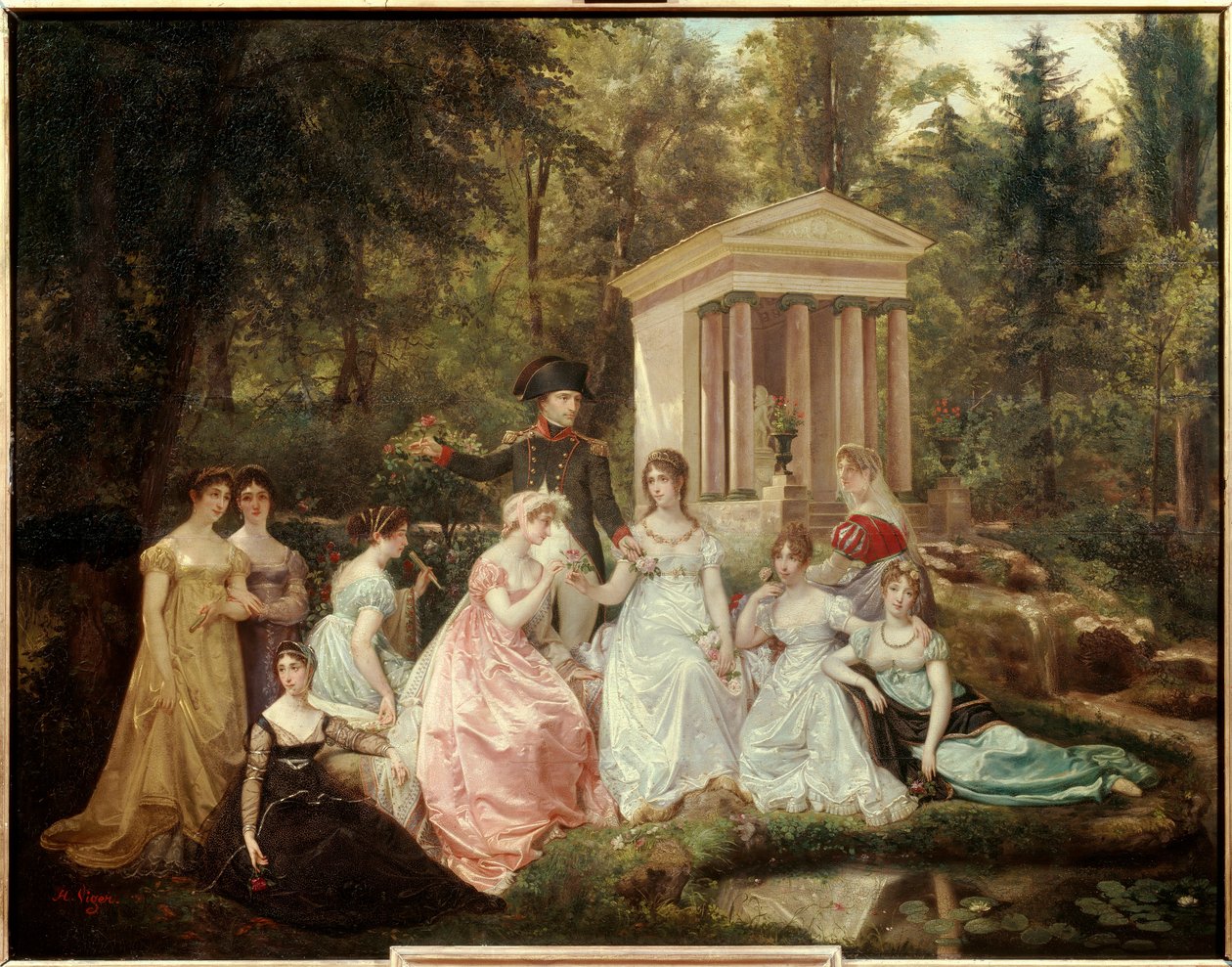 Malmaisons rose: Kejserinde Josephine de Beauharnais og kejser Napoleon Bonaparte og hans æresdamer Maleri af Victor Vigger du Vigneau (1819-1879) Søn. 0,71x0,92 m Malmaison, slotsmuseum af Jean Louis Victor Viger du Vigneau