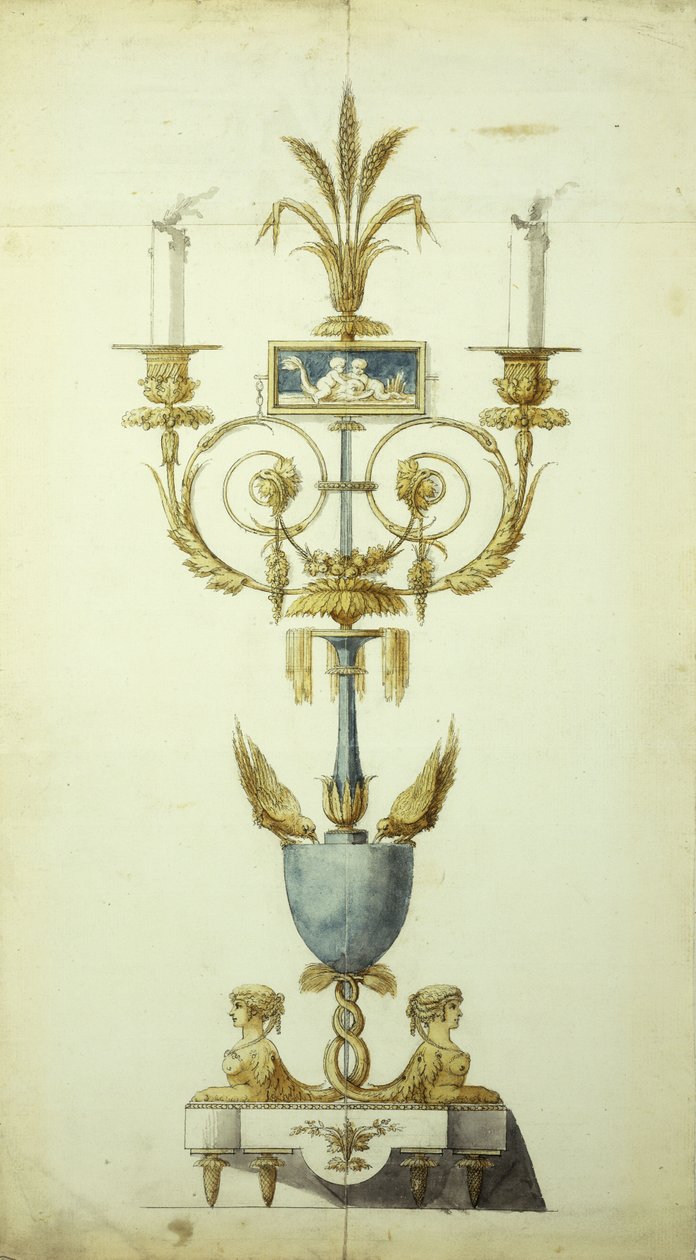 Design til en forgyldt bronze og emalje kandelaber (pen og blæk med w/c på papir) af Jean Louis the Younger Prieur