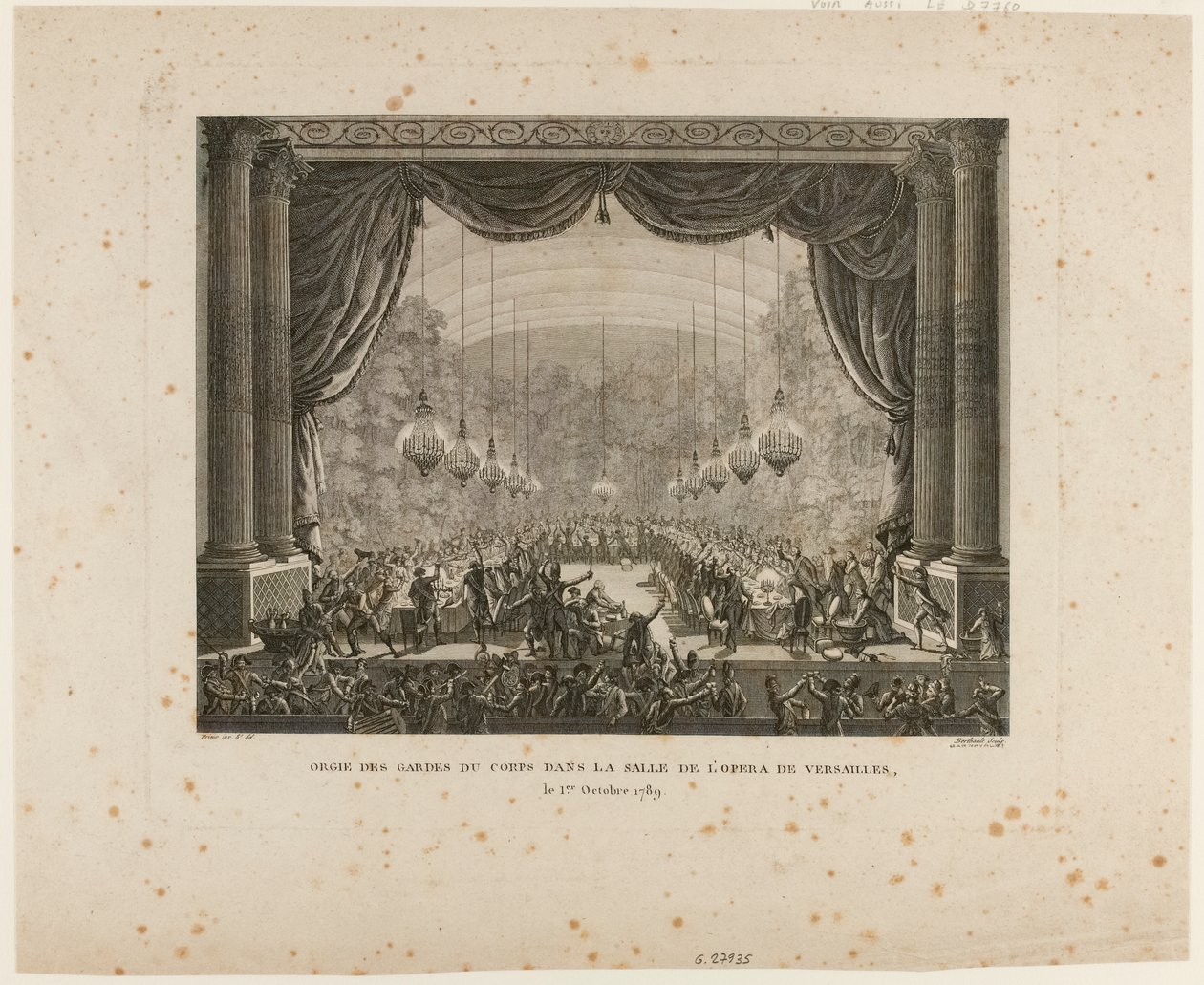 Fest for livvagterne, Flanderns regimenter, Montmorency-dragoner og Nationalgarden i Versailles. Når de tramper den nationale kokarde frem, viser de den sorte kokarde, et tegn på det "aristokratiske forbund" af Jean Louis the Younger Prieur