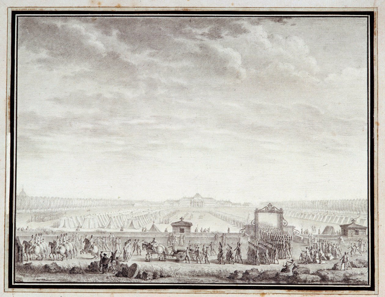 Fransk revolution: "" Les troupes du Champ-de-Mars afgang til Place Louis XV: 12 juillet 1789"" Tegning i blæk og vask af Jean-Louis Prieur (1759-1795) 1700-tallet. Svag. 0,17x0,23 m. Paris, Musée Carnavalet af Jean Louis the Younger Prieur