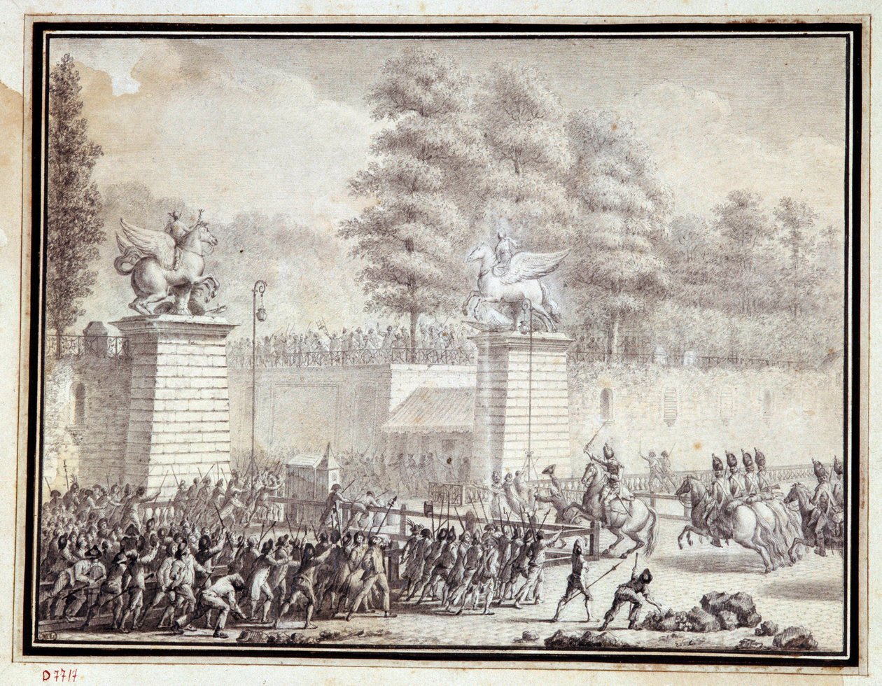 Fransk revolution: "" Monsieur de Lambesc på vej ind i Tuilerierne med en afdeling fra det kongelige tyske regiment den 12. juli 1789"" Tegning med blæk og vask af Jean-Louis Prieur (1759-1795) af Jean Louis the Younger Prieur