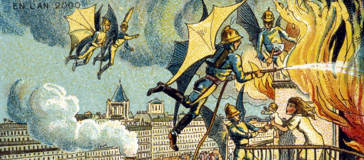 Flyvende brandmand. Fra serien Visions of the Year 2000, 1899 af Jean Marc Côté