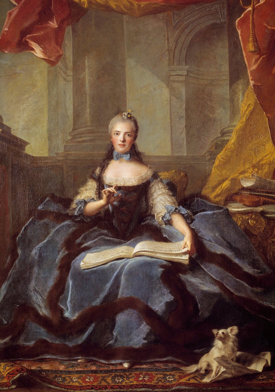 Portræt af Marie Adelaide af Frankrig kendt som Madame Adelaide (1732-1799), datter af Ludvig XV Bien Aime og Marie Leszczynska repræsenteret i 1758, i hofdragt, med en musikbog, Maleri af Jean Marc (Jean-Marc) Nattier ( 1685-1766) 1758 af Jean Marc Nattier